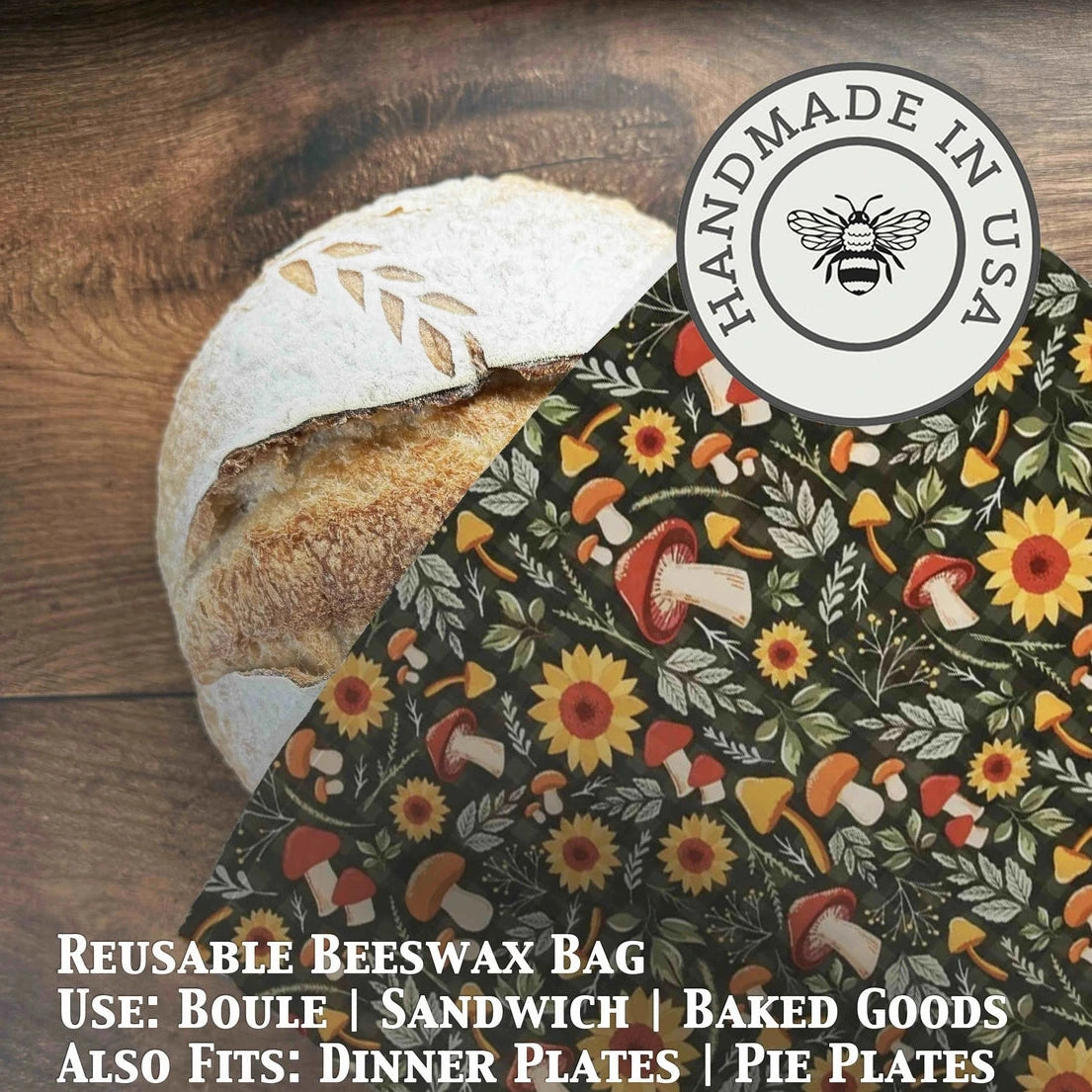 Reusable beeswax bag with autumn mushroom pattern on a wooden surface, featuring a 'Handmade in USA' label.