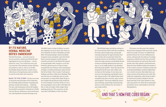 Illustrated page with people holding bottles of cider against a blue background, featuring text about herbal medicine and fire cider.