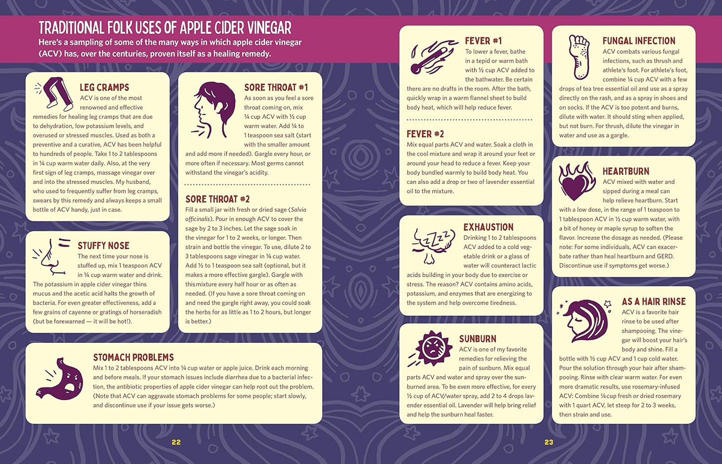Informational poster about traditional folk uses of apple cider vinegar on a purple background with white text and icons.