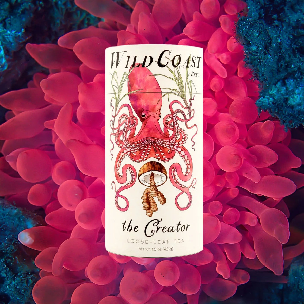 A white cylindrical tea tin labeled 'Wild Coast Tea' with an octopus and mushroom illustration, placed on a bed of bright pink anemone against a blue underwater coral background.