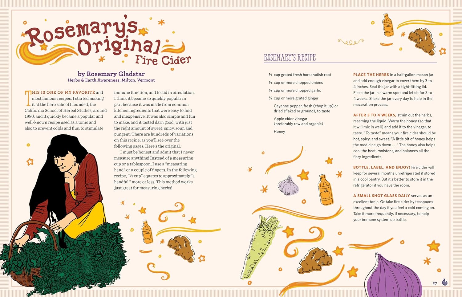 Book page with illustration of a woman and text about Rosemary's Original Fire Cider