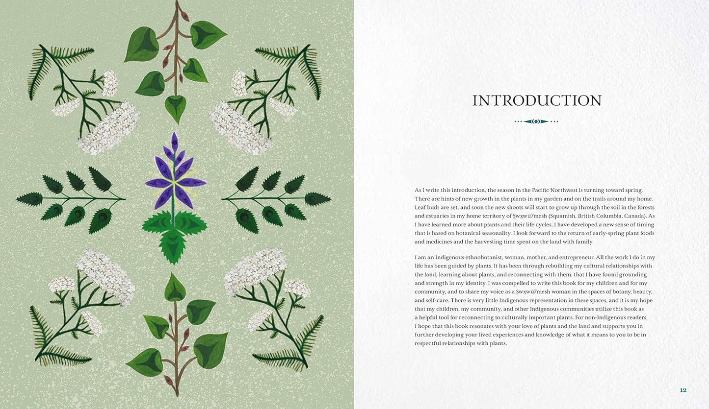 Book page with floral illustrations on a green background