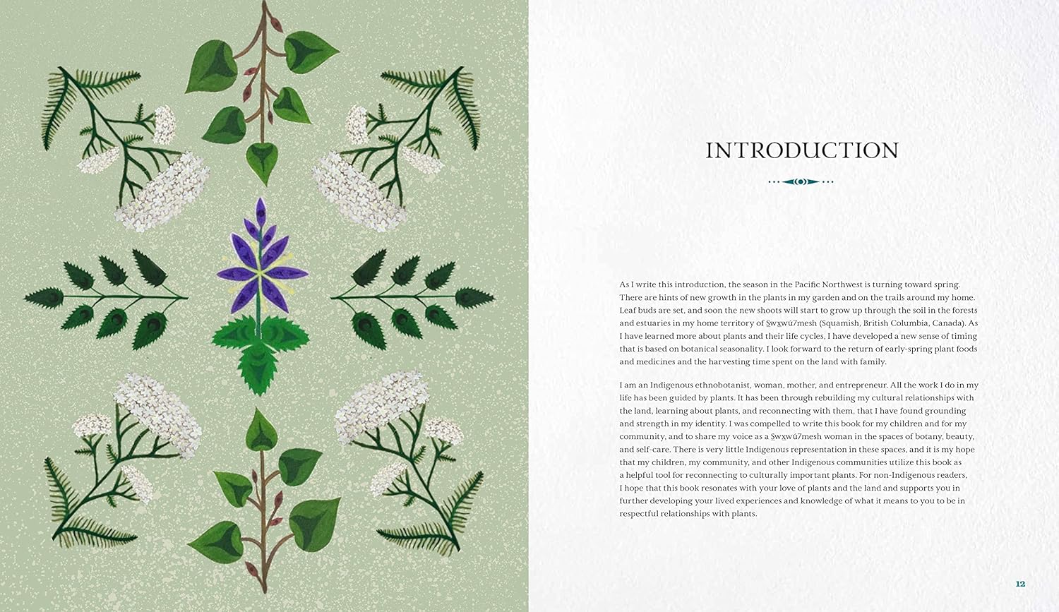 Book page with floral illustrations on a green background
