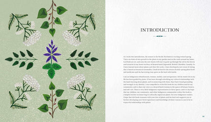 Book page with floral illustrations on a green background