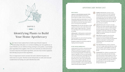 Open book showing a chapter on identifying plants for a home apothecary with text and illustrations.