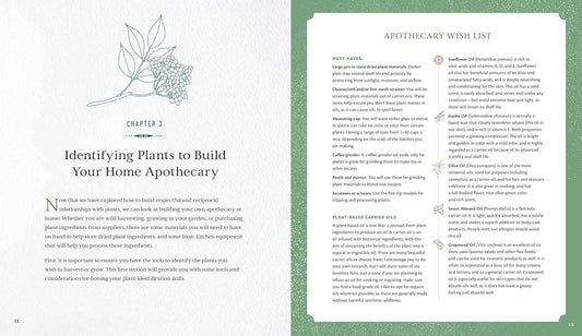 Open book showing a chapter on identifying plants for a home apothecary with text and illustrations.