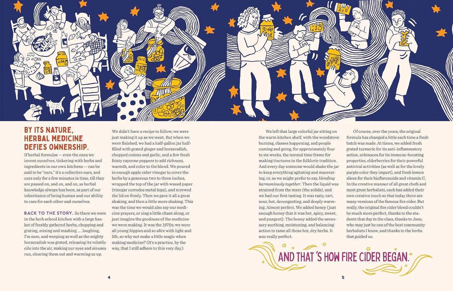 Illustrated page with people holding bottles of cider against a blue background, featuring text about herbal medicine and fire cider.