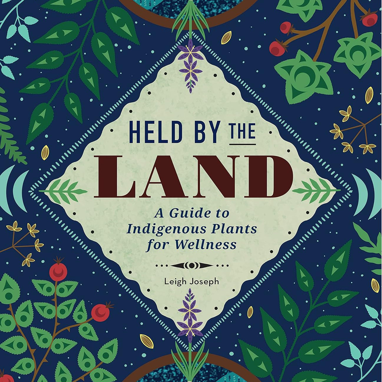 Book cover of 'Held by the Land' with nature-themed design and text.