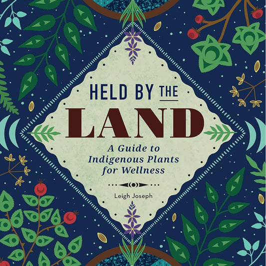 Book cover of 'Held by the Land' with nature-themed design and text.