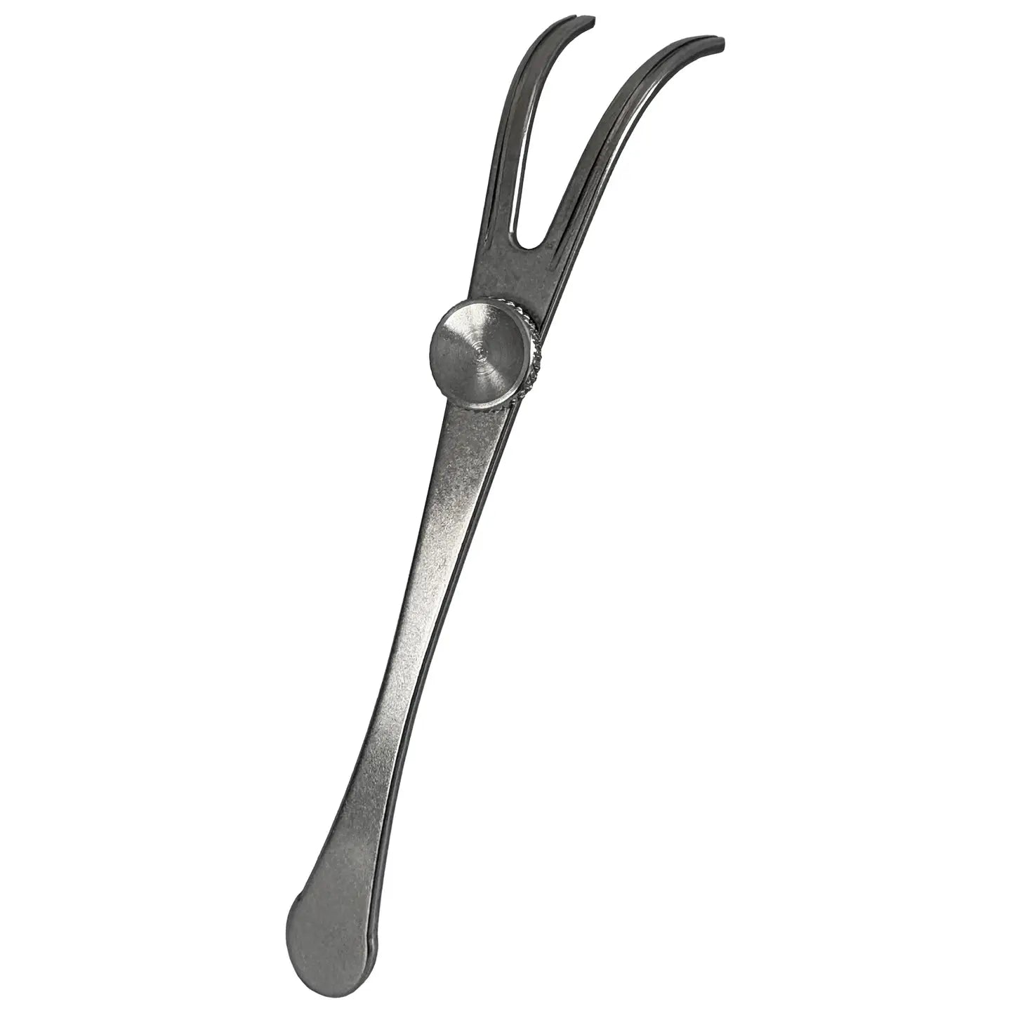 Stainless steel dental floss holder on a white background
