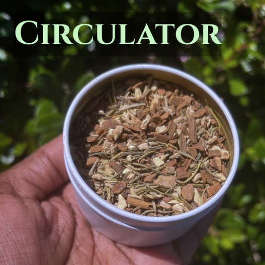 Hand holding a container of dried herbs with 'Circulator' text and 'Esther's Garden' logo.