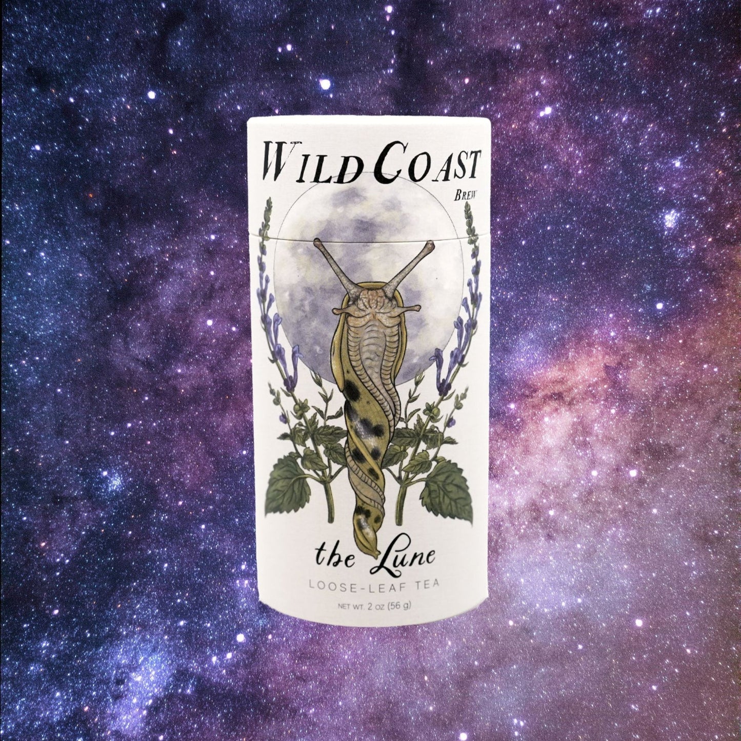 Wild Coast tea package with a butterfly illustration against a starry night sky background