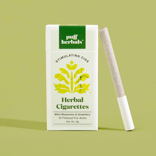 Box of herbal cigarettes labeled Stimulating by Puff Herbals