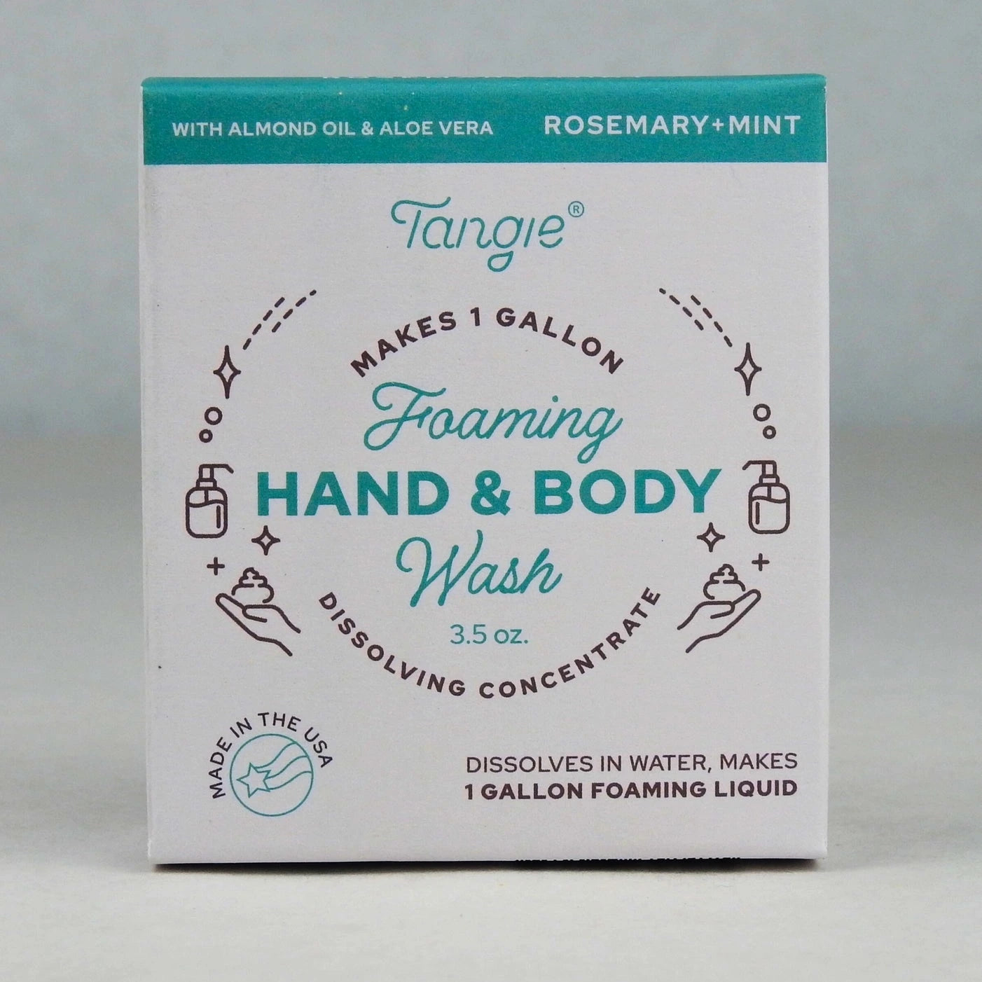 Tangie foaming hand & body wash concentrate packaging on a gray background