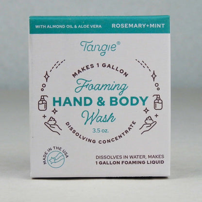 Tangie foaming hand & body wash concentrate packaging on a gray background