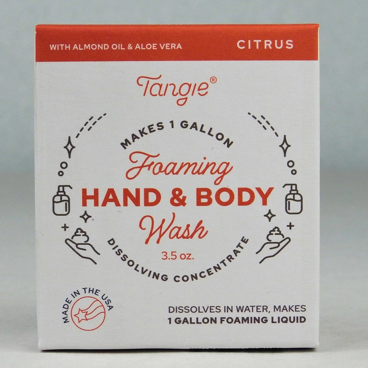 Tangie foaming hand & body wash packaging on a gray background
