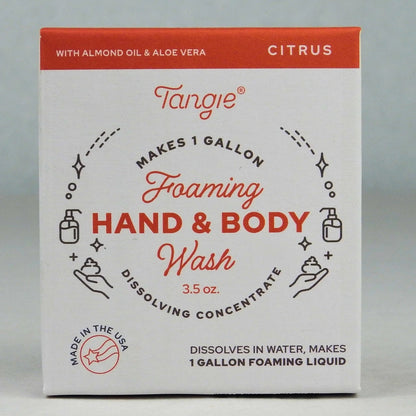 Tangie foaming hand & body wash packaging on a gray background