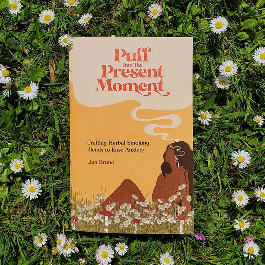 Book titled 'Puff into the Present Moment' by Lian Bruno on grass with flowers