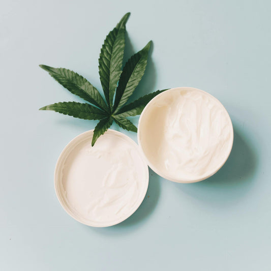 Hemp leaf on two white bowls against a light blue background