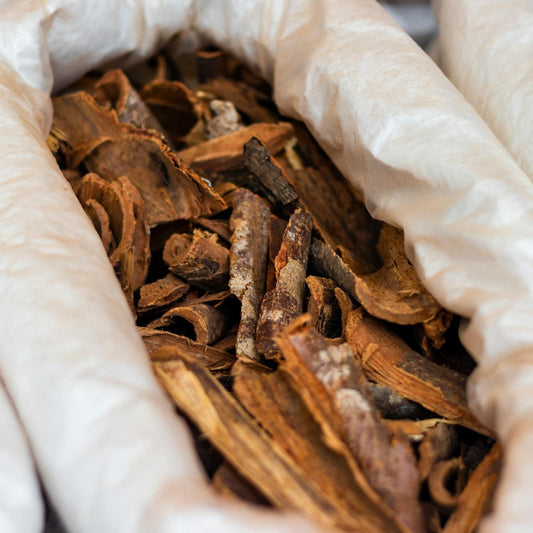 Close-up of dried bark in a white bag