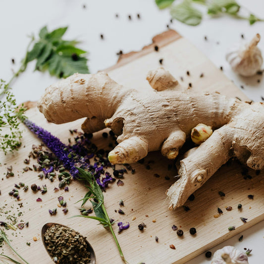 Ginger root on a wooden board with herbs and spices