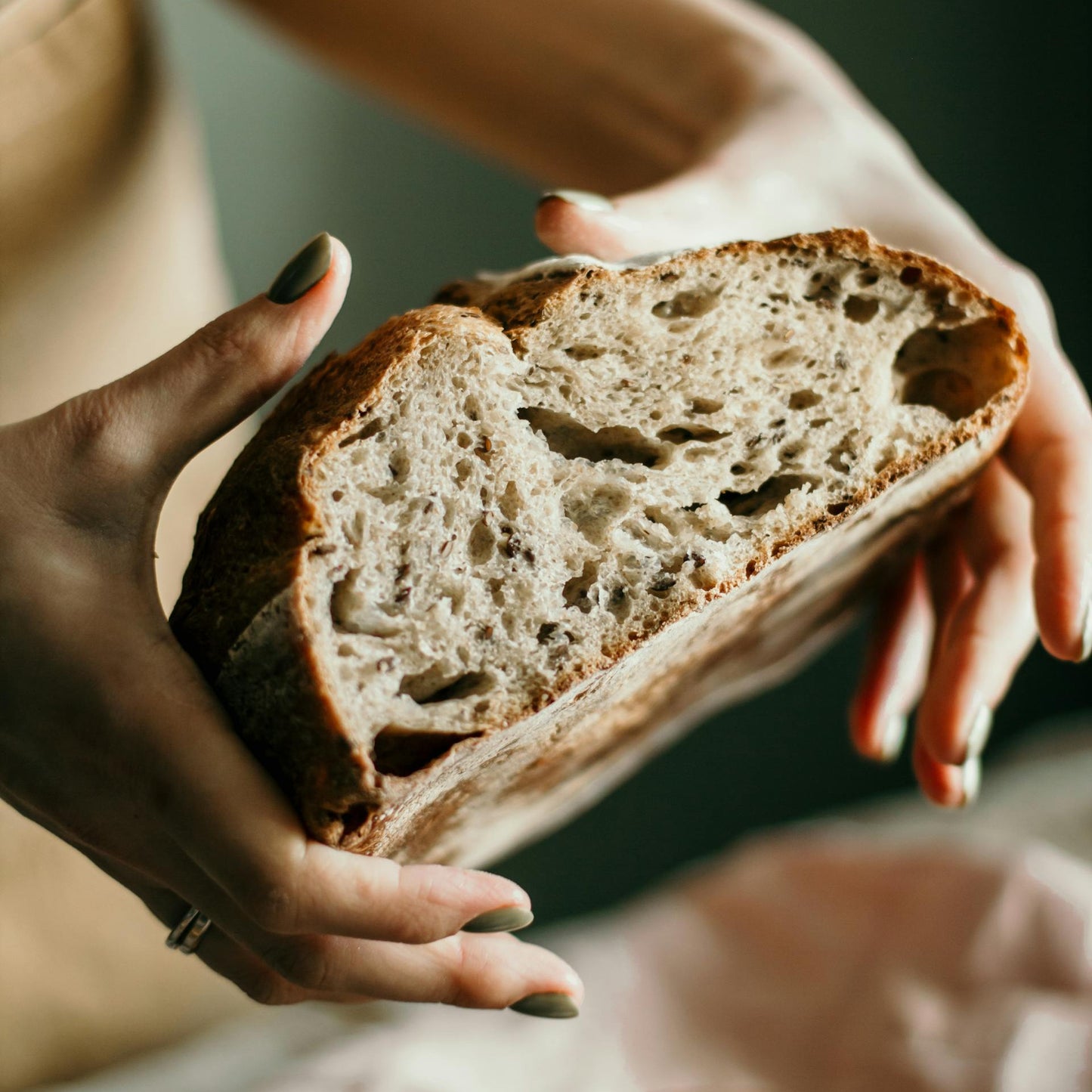 Person holding a slice of sourdough bread with a blurred background