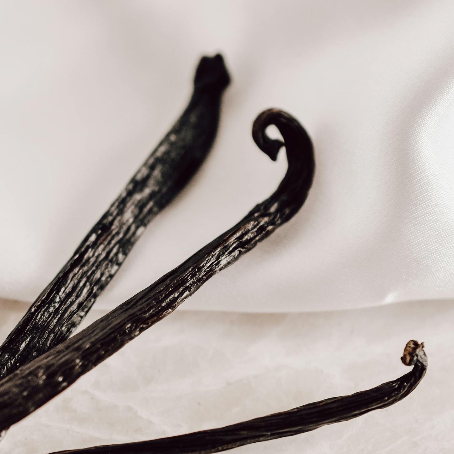 Three vanilla beans in bulk on a white fabric background