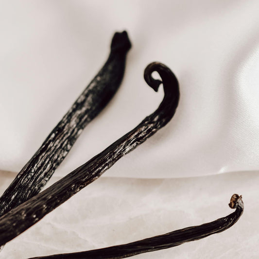Three vanilla beans in bulk on a white fabric background