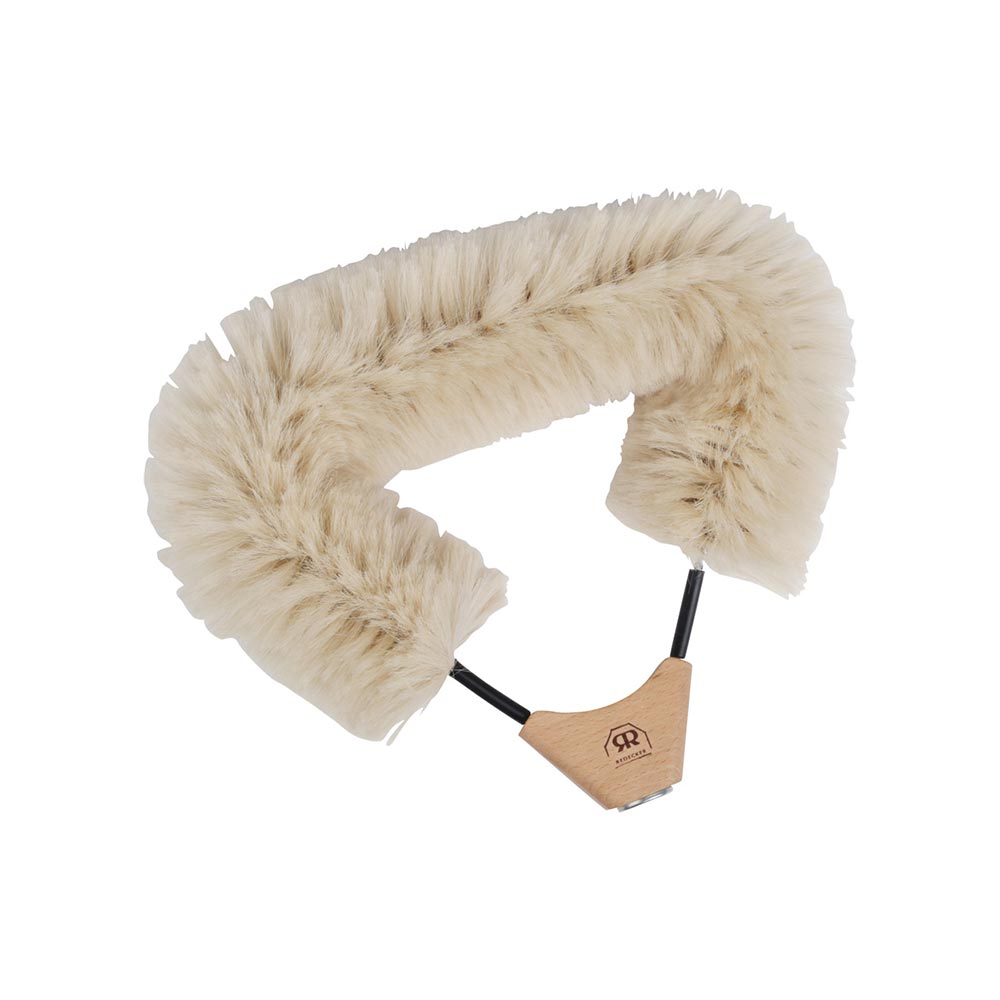 A close-up image of a goat hair duster head with a sturdy oiled beechwood handle.