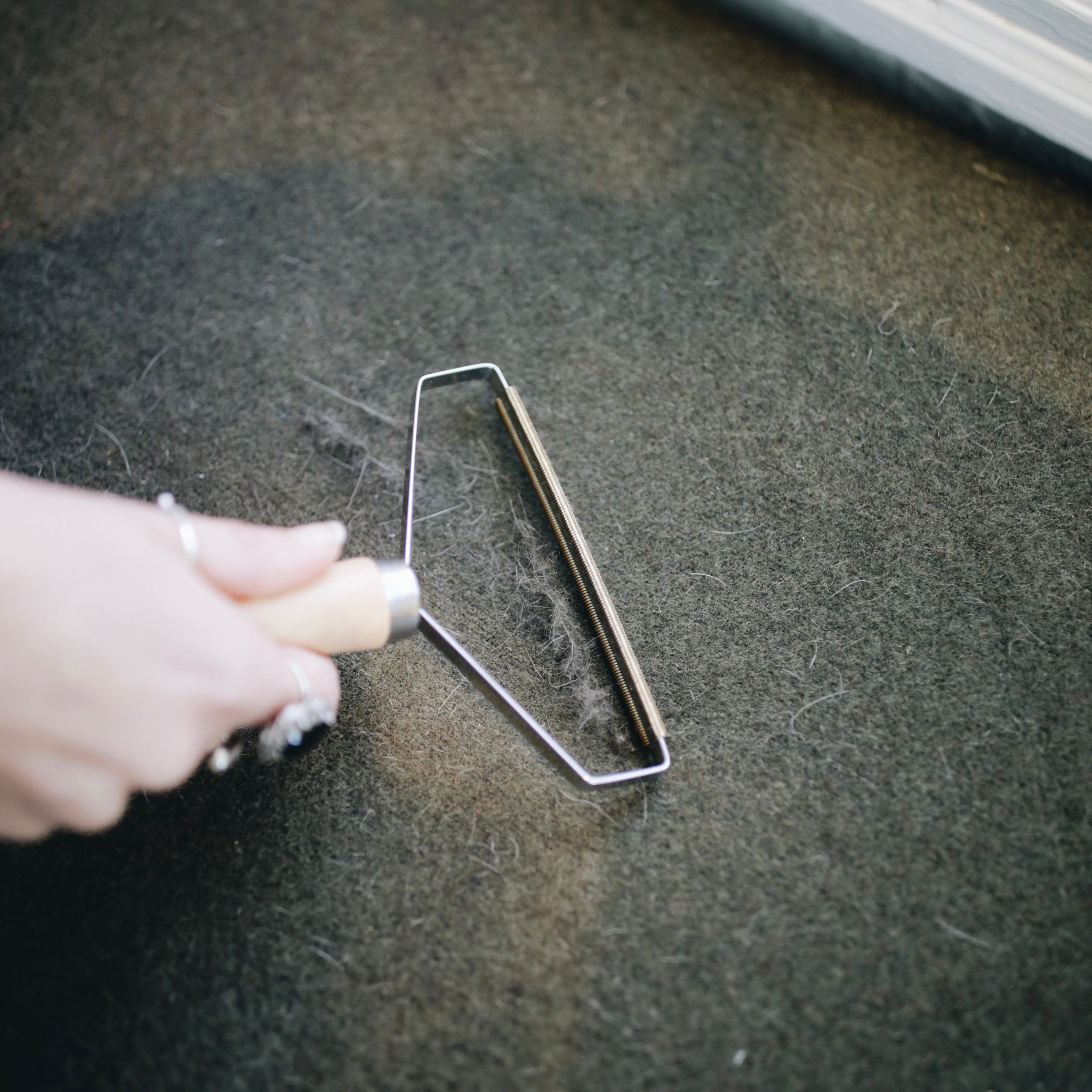 person using a lint remover to remove pet hair